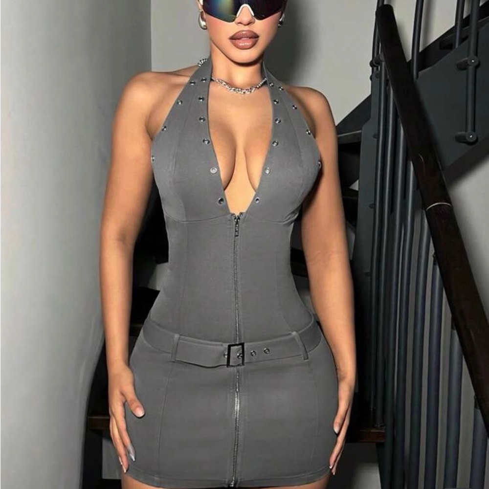 Gray Halter Mini Dress with Belt